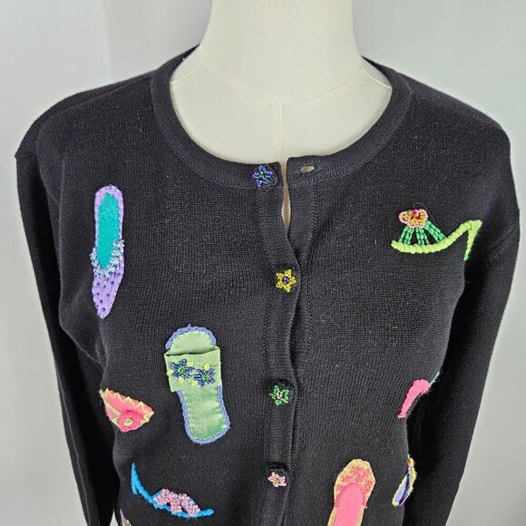 Talbots Petites Small Black Cardigan Beaded Embroidered Sandal Beach Vintage - Picture 3 of 14